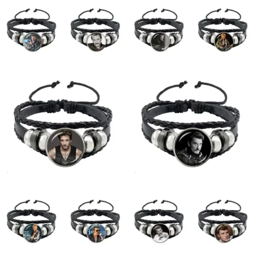 Johnny Hallyday Multilayer Leather Bracelet Rock Star Art Poster Glass Handmade Bangles Wristband Jewelry For Men Gifts