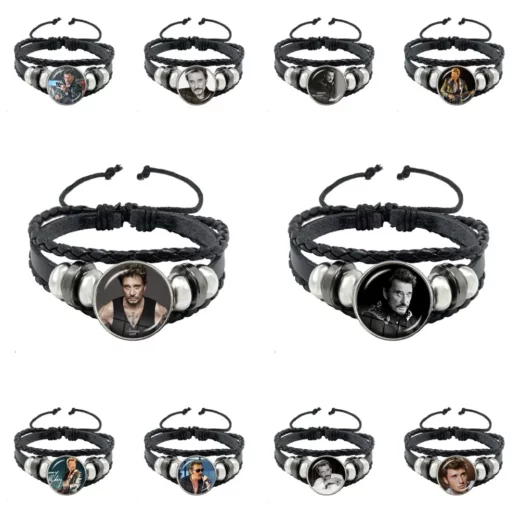 Johnny Hallyday Multilayer Leather Bracelet Rock Star Art Poster Glass Handmade Bangles Wristband Jewelry For Men Gifts