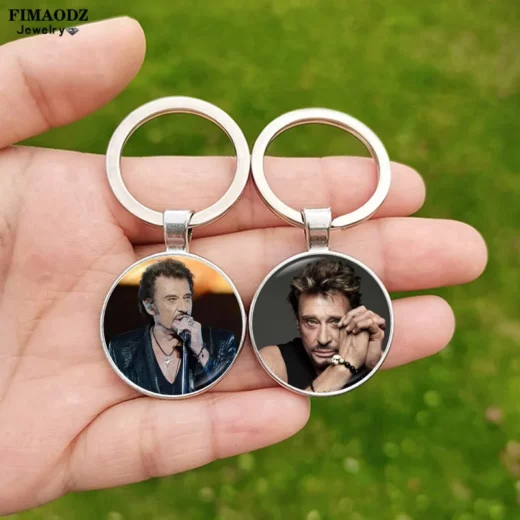Fashion Johnny Hallyday Star Keychain French Singer Rock Singer Poster Glass Cabochon Pendant Keychains Men Car Key Chain Gift